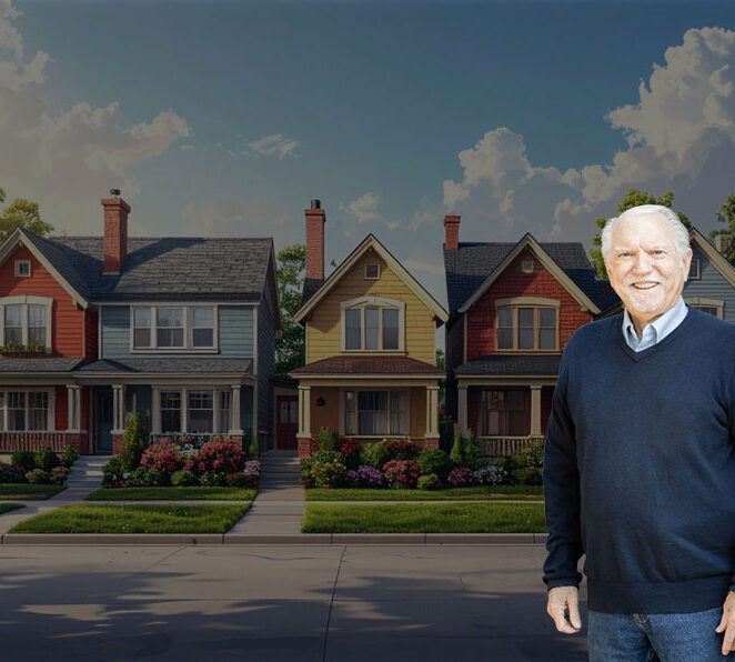 David A. Shean in front of model house overlay with back shape.