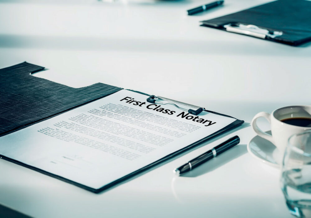Notebook with a document that says First Class Notary on a desk.