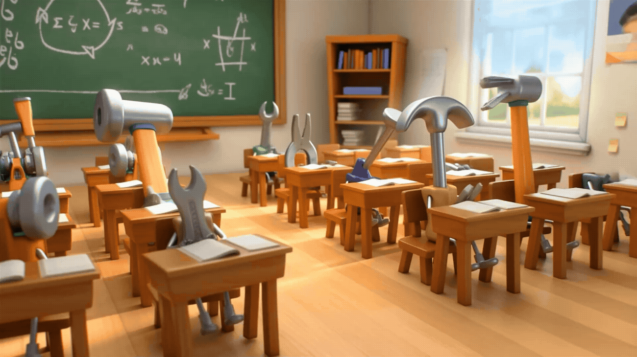 Animated gif of tools in a classroom at desks.