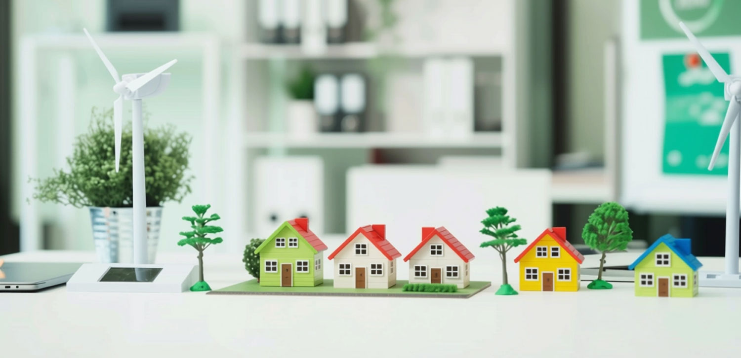 Little colored houses on table.