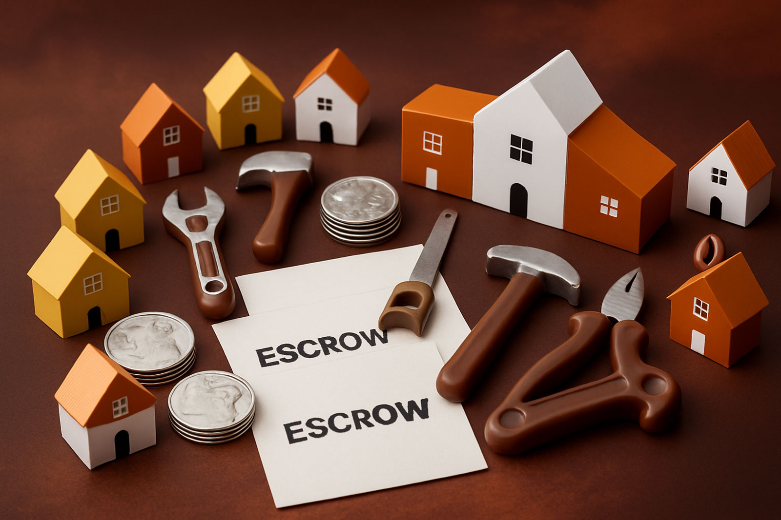 Little houses with tools on a table and escrow paper concept.